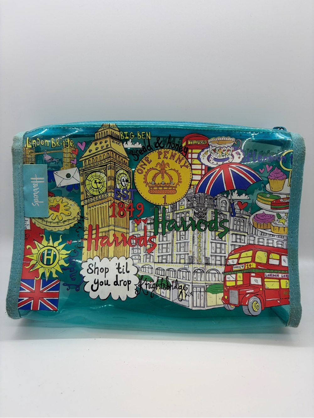 Vintage Harrods London Icons "Shop 'Til You Drop" Clear PVC Cosmetic Makeup Pouc